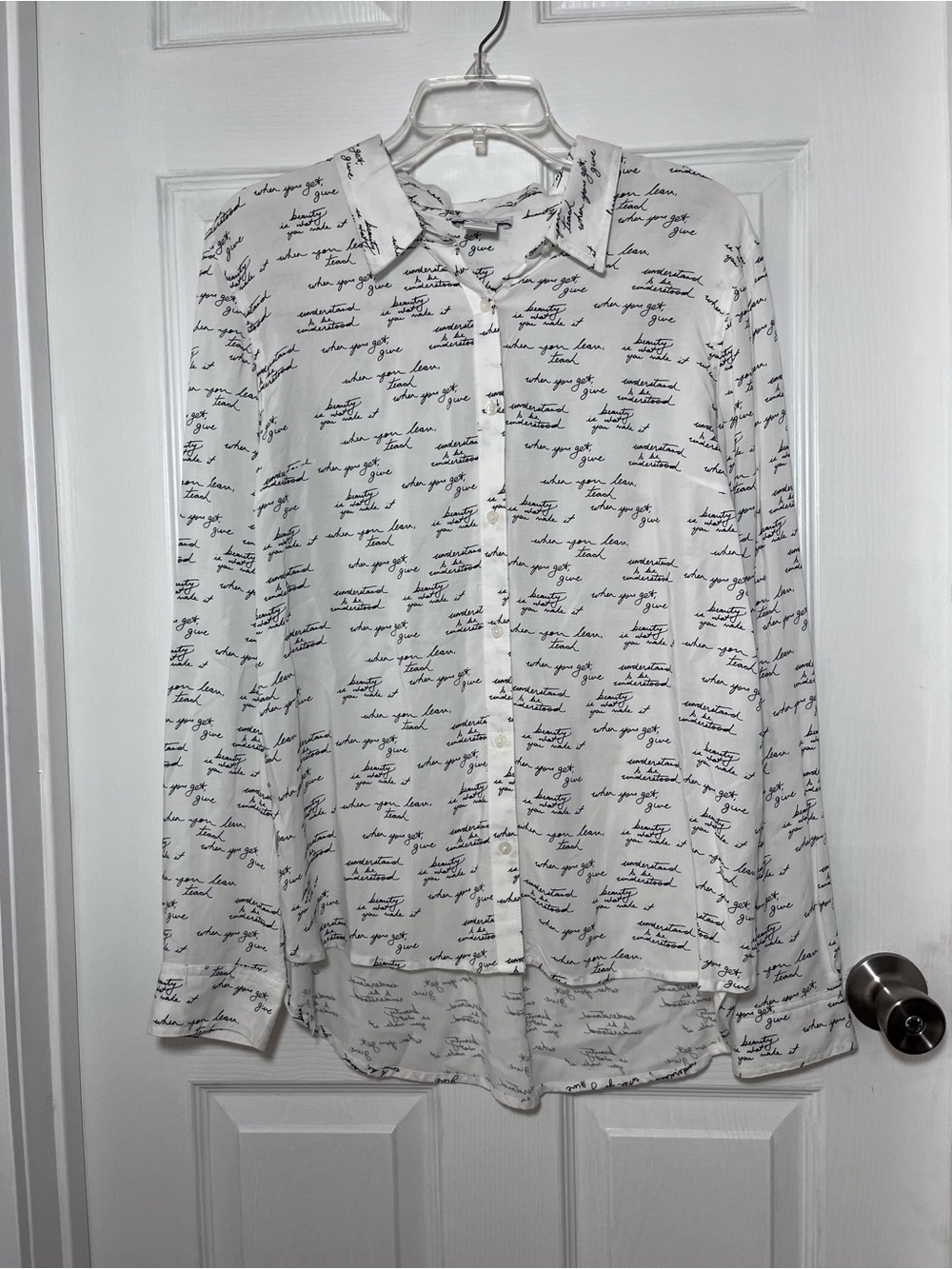 Juniper & Lime White Script Print Button-Down Shirt